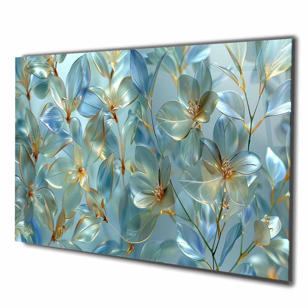 Blue Floral Tempered Glass Wall Art, Modern Flower Decor - Etsy