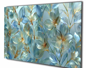 Blue Floral Tempered Glass Wall Art, Modern Flower Decor