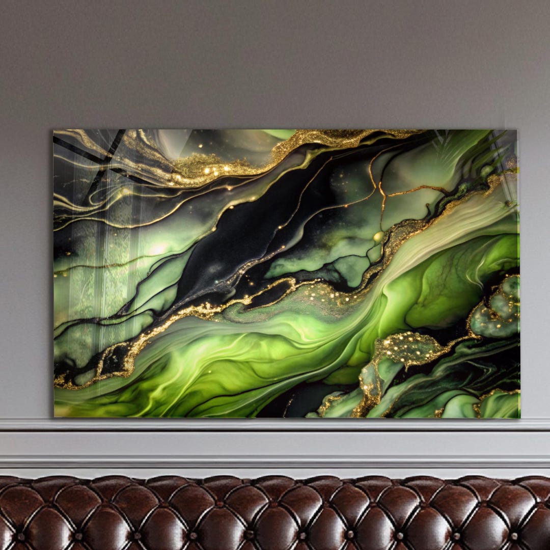 Tempered Glass Wall Art Abstract Green Black Marble Design, Extra Large ...