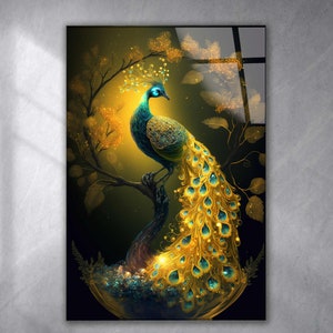 Peacocks Tempered Glass Wall Art Animals,Panoramic wall Art,Extra large Wall Art,houeswarming gift,Office gift,Modern Wall hanging