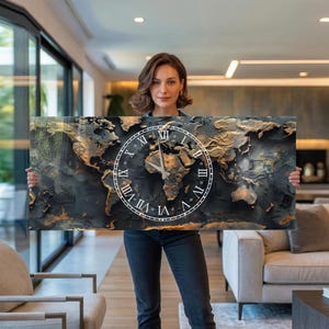 May include: A rectangular wall clock featuring a world map design with a clock face overlay. The clock face has Roman numerals and hands pointing to the time. The map is in shades of black, gold, and brown.