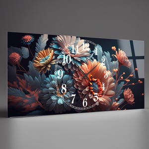 Flowers Large Wall clock colorful, Modern wall clock, Unique wall clock, Tempered glass wall clock unique, Large clock Horiznotal Wall decor