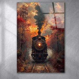 Vintage Steam Train Tempered Glass Wall Art: Extra Large Vertical Decor