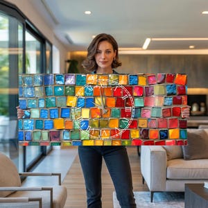 May include: A vibrant wall clock with a mosaic pattern of small, square tiles in shades of blue, orange, red, and yellow. The clock face is white with Roman numerals and clock hands.