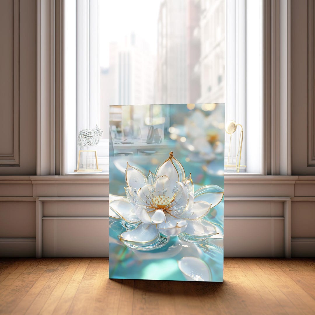 Tempered Glass Wall Art – Extra Large White & Gold Lotus Flower Wall ...