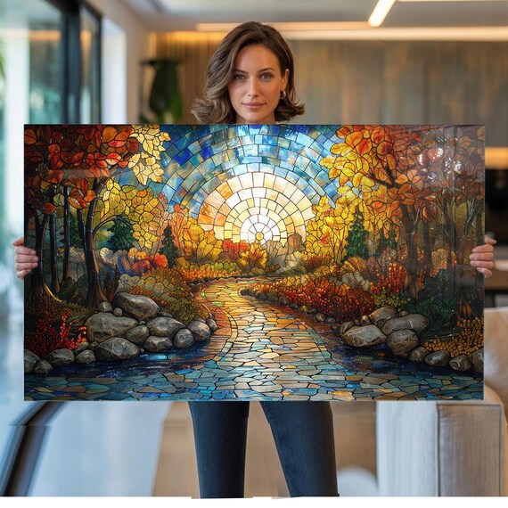 Tempered Glass Wall Art Mosaic Autumn Forest Path, Sunburst Stained Glass Style, Golden Fall Landscape Decor, Nature Art