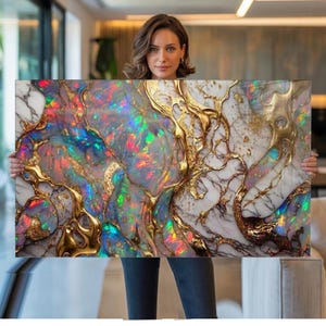 Op de afbeelding: Een rechthoekige canvas print met een abstract ontwerp. Het kunstwerk toont iriserende kleuren, die op opaal lijken, met goudkleurige, vloeiende accenten op een witte marmeren achtergrond. De print wordt door een persoon vastgehouden.