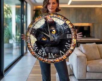 Black Cat Wall Clock, Oversized Round Tempered Glass Clock, Extra Large Gothic Cat Decor with Golden Eyes for Cat Lovers