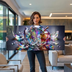 Op de afbeelding: Een rechthoekige canvas print met een kleurrijk, abstract appelontwerp met een klok. De appel is samengesteld uit versplinterde, juweelachtige stukken in verschillende kleuren, met een gouden steel. De klok toont Romeinse cijfers.