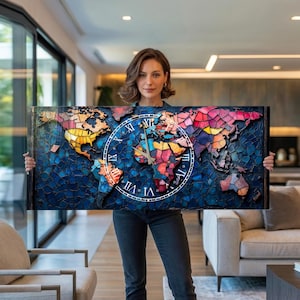 Oversized Wall Clock Tempered Glass Large Wall Clock 3D Metal Wall Art  World Map Modern Living Room Decor Silent Clock