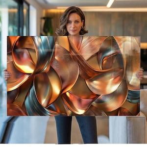 May include: A rectangular wall art piece featuring an abstract composition of sweeping, curved ribbons in metallic shades of copper, bronze, and deep teal. The surface displays a glossy finish with light reflecting off the curved forms.