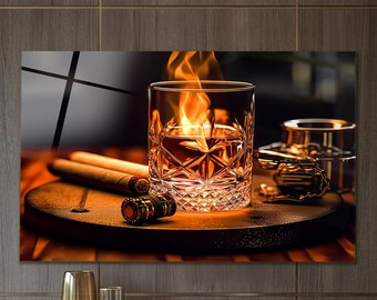 Bourbon Wall Art, Tempered Glass Whiskey and Cigar Artwork, Extra Large Vintage Bar Decor for Man Cave, Home Bar and Whiskey Lovers