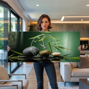 Tempered Glass Wall Clock Zen Stone Wall Clock, Bamboo Decor Clock, Spa Wall Decor, Silent Wall Clock, Large Modern Clock
