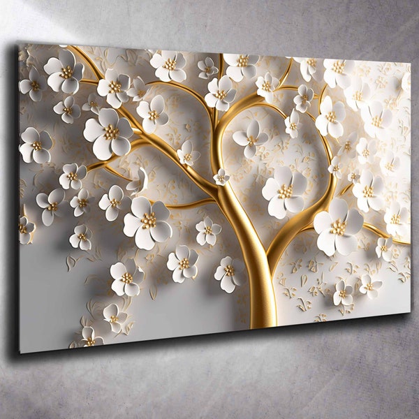 Tempered Glass Wall Art White Flowers, Panoramic wall Art, Extra large Wall Art, houeswarming gift,Office gift, Modern Wall hanging