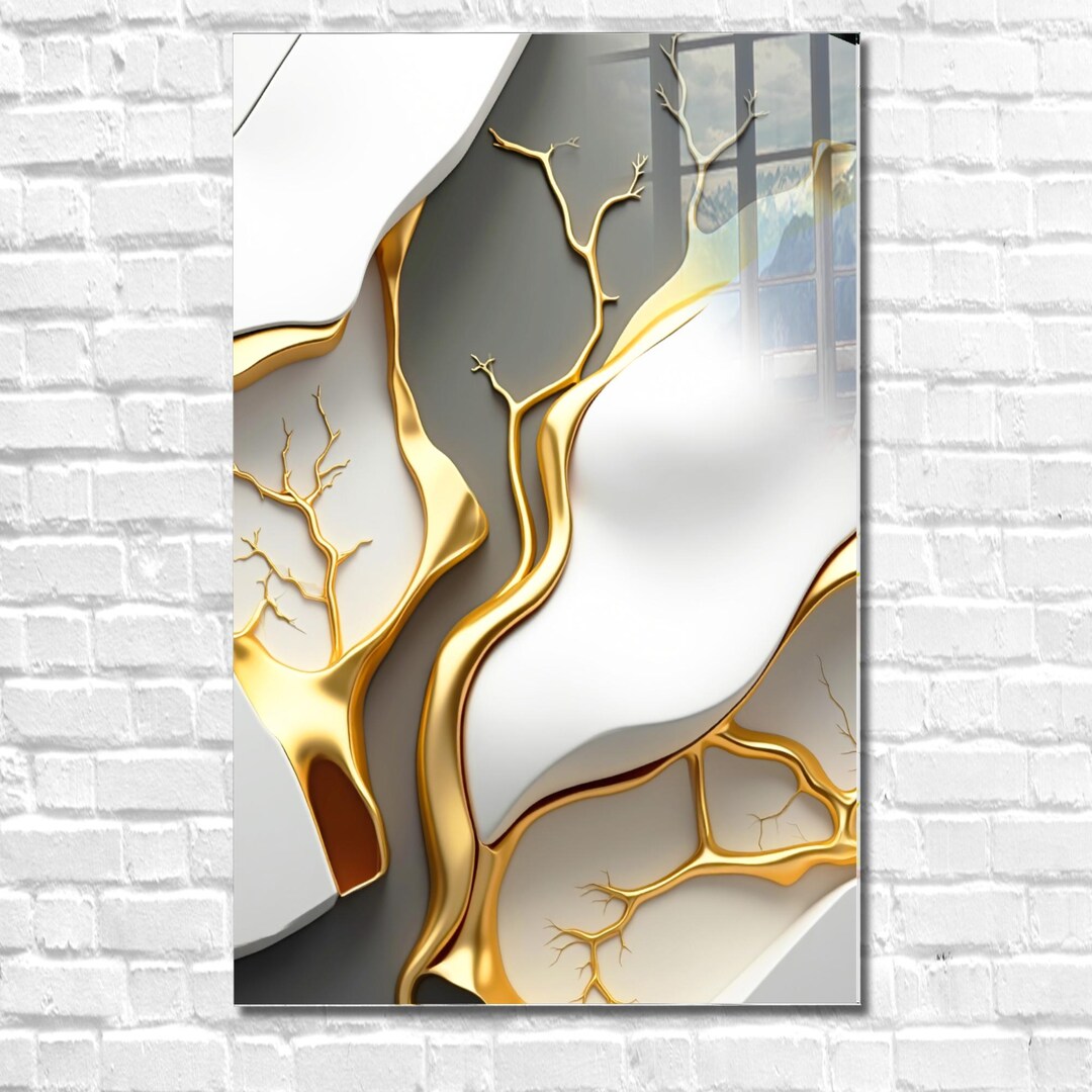 White Gold Marble Tempered Glass Wall Art Modern Luxury Design ...