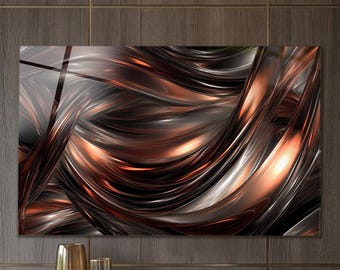 Copper Wall Art, Tempered Glass Bronze Black Fluid Abstract, Extra Large Liquid Metal Inspired Modern Living Room Decor