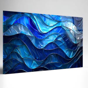 Tempered Glass Wall Art: Blue Waves Abstract (Panoramic, Large Size)