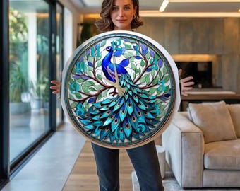 Peacock Wall Clock, Oversized Round Tempered Glass Clock, Extra Large Blue Teal Stained Glass Inspired Bird Decor