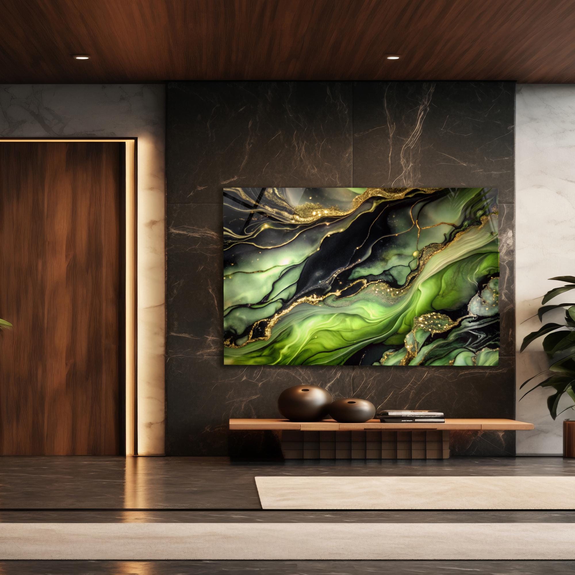 Tempered Glass Wall Art Abstract Green Black Marble Design, Extra Large ...
