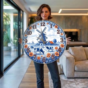 Gehärtetes Glas Runde Wanduhr Übergroße Wanduhr Holländische Windmühlenuhr, Delfter Blau Wanduhr, Stille Große Wanduhr, Bauernhausdekor