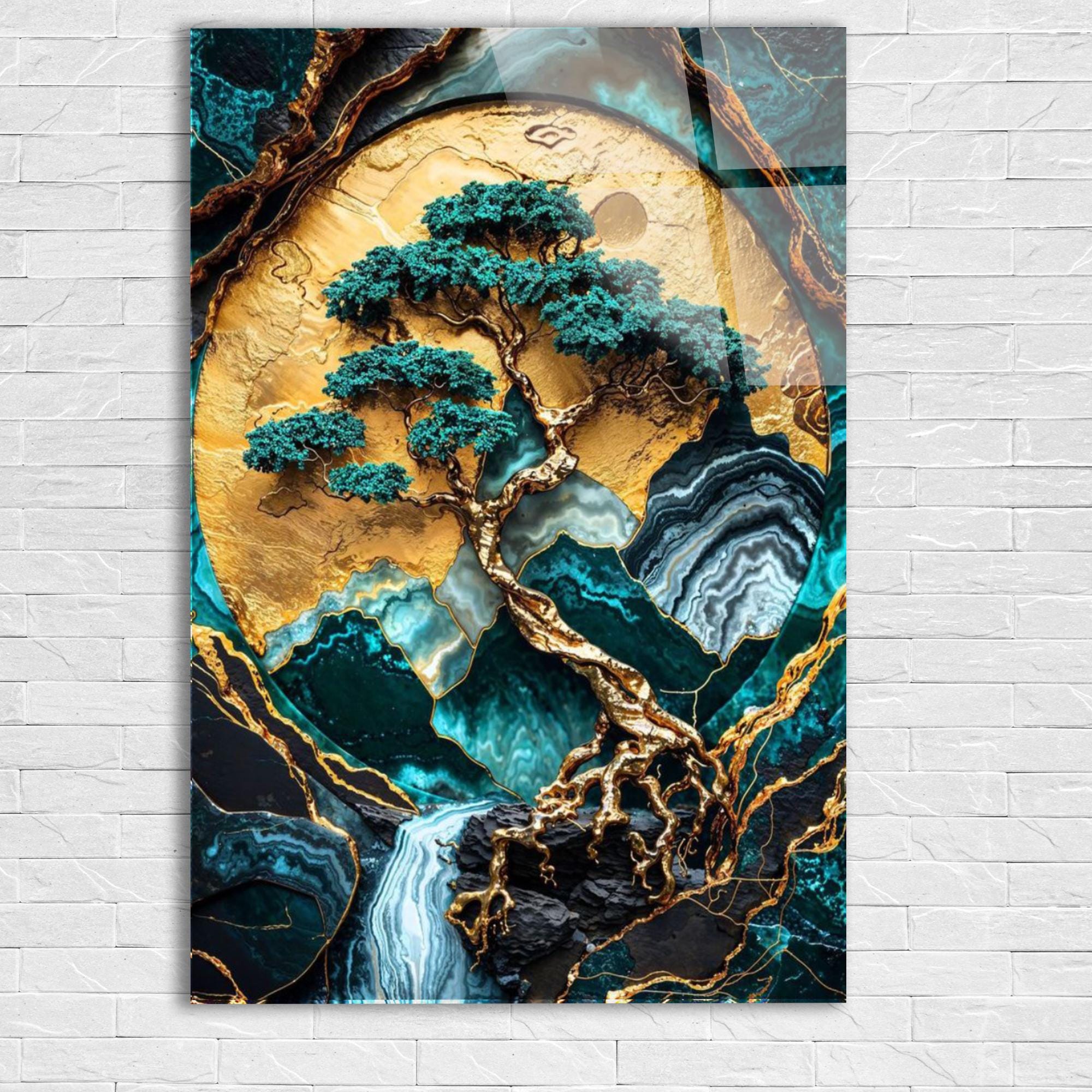 Tempered Glass Wall Art: Golden Tree of Life - Turquoise and Gold