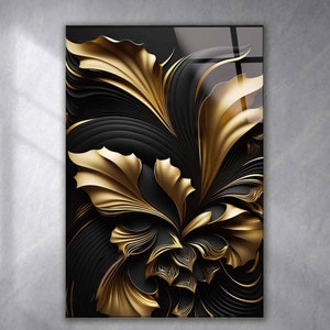 Gold flowers ivy Tempered Glass Wall Art Floral, Panoramic Wall Art Tempered Glass Backsplash Extra Large Wall Art Large Glass Wall Decor