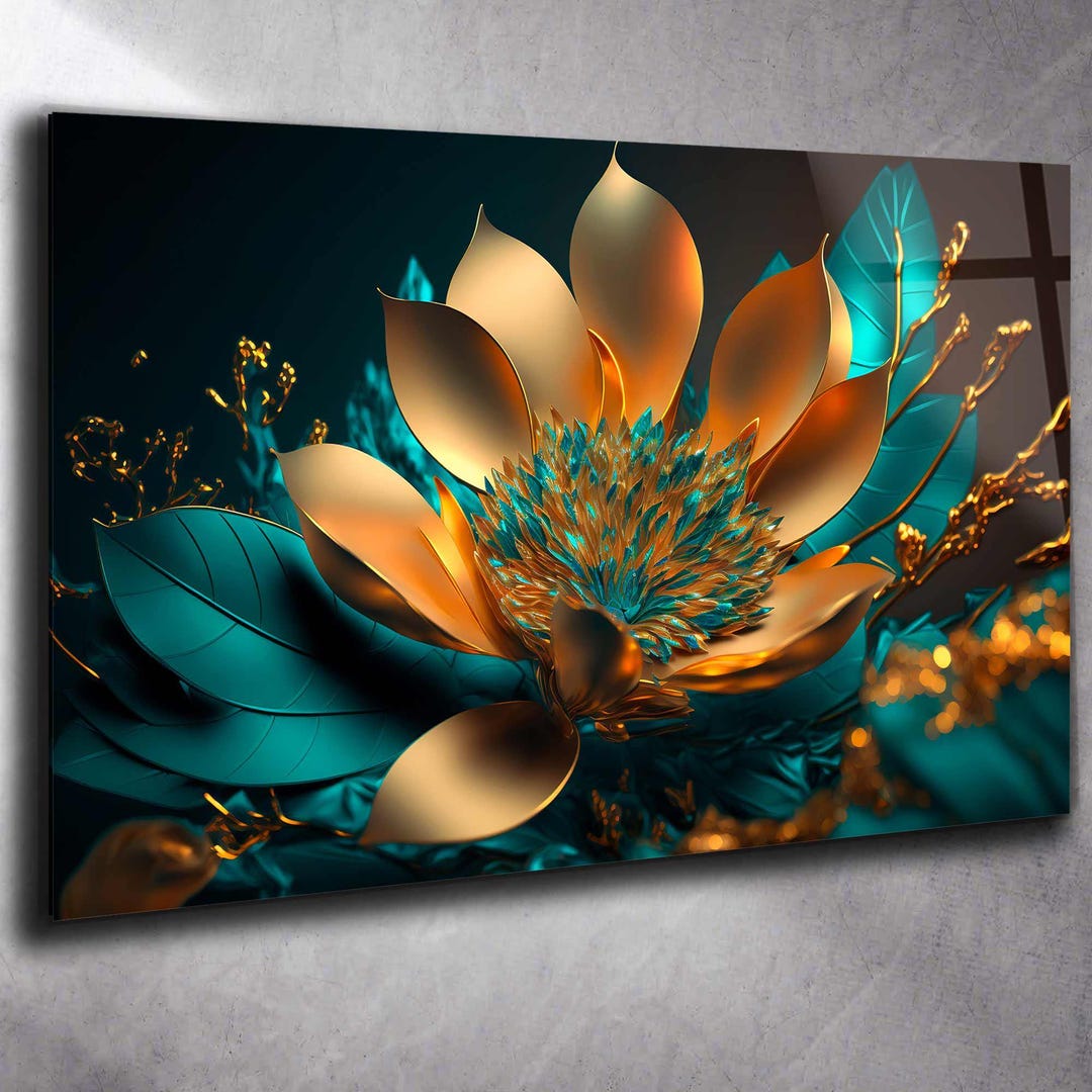 Gold Lotus Flower Tempered Glass Wall Art: Panoramic Floral Decor - Etsy