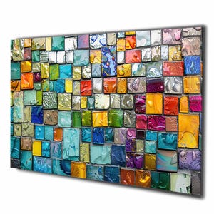 Colorful Abstract Mosaic Tempered Glass Wall Art, Panoramic Wall Art Tempered Glass Backsplash Extra Large Wall Art Wall Art for Mom