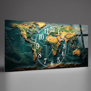 Übergroße Weltkarte Wanduhr, gehärtetes Glas Kunst (50cm x 100cm)