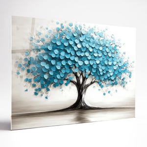 Blue Leaves Tree Of Life  Tempered Glass Wall Art, Panoramic Wall Art Tempered Glass Backsplash Extra Large Wall Art Wall Art for Mom decor