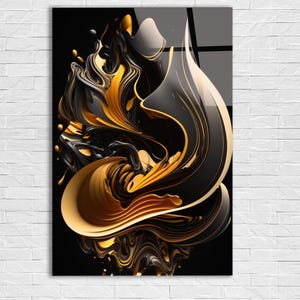 Może przedstawiać: Abstrakcyjny wydruk artystyczny z wirującymi czarnymi i złotymi kształtami. Grafika ma błyszczące wykończenie i jest zamontowana na czarnym tle. Projekt obejmuje płynne, warstwowe formy z dynamicznym, trójwymiarowym efektem.