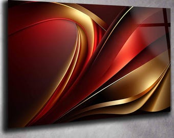 Gold & Red Abstract Tempered Glass Wall Art: Modern Panoramic Decor