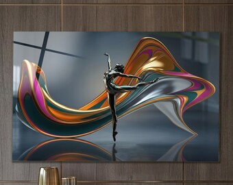 Ballerina Wall Art, Tempered Glass Abstract Ballet Dancer with Colorful Flowing Ribbons, Extra Large Modern Dance Studio Decor