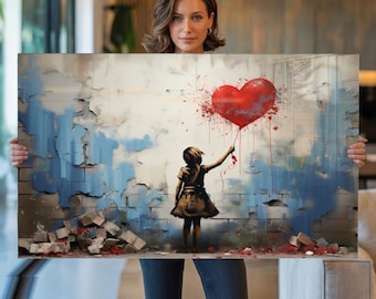 Tempered Glass Wall Art Girl with Red Heart Balloon, Urban Street Art, Graffiti Style Wall Decor, Extra Large Wall Art