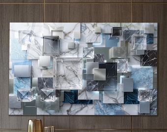 Geometric Wall Art, Tempered Glass Blue Gray Silver Marble Cubes, Extra Large 3D Illusion Abstract Modern Living Room Decor