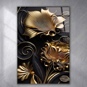 Tempered Glass Wall Art Gold abstract, Flowers wall Art, Extra large Wall Art, Houeswarming gift, Office gift, Modern Wall hanging