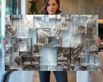 Cuadro de pared de vidrio templado extragrande, arte abstracto azul y plateado, decoración moderna con efecto mármol geométrico panorámico para sala de estar.