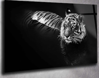 Tempered Glass Tiger Wall Art, Oversized Black and White Print