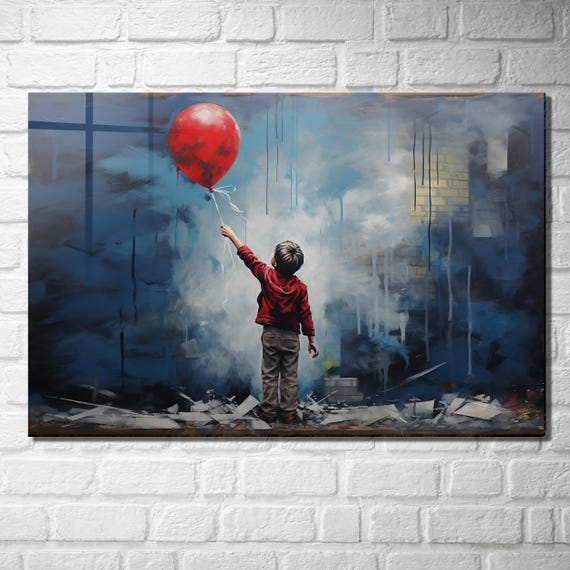 Banksy Red Balloon Boy Tempered Glass Wall Art, Street Graffiti