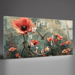 Flowers Large Wall clock colorful, Modern wall clock, Unique wall clock, Tempered glass wall clock unique, Large clock Horiznotal Wall decor