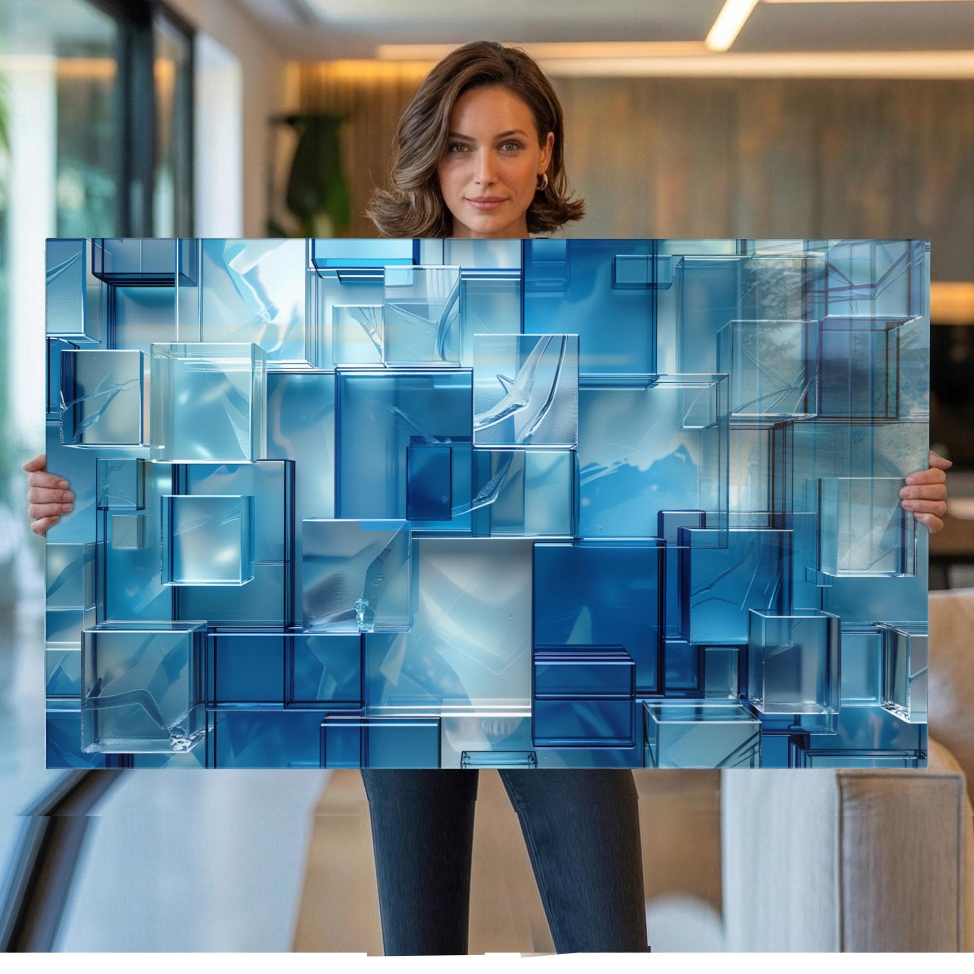 Blue Geometric Wall Art, Tempered Glass Abstract Decor, Navy Aqua Glass Cube Design, Extra Large Modern Wall Art