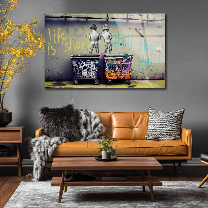 Tempered Glass Wall Art Urban Street Art, Graffiti Wall Art with Kids, Industrial Loft Decor, Extra Large Wall Art image 2