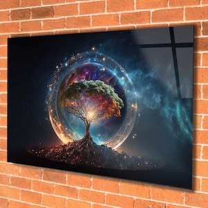 Mystic Tree Of Life  Tempered Glass Wall Art , Panoramic Wall Art Tempered Glass Backsplash Extra Large Wall Art Wall Art for Mom decor