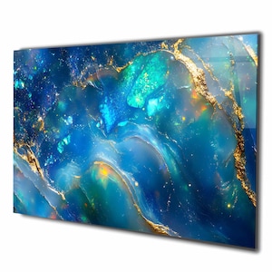 Blue Opal Wall Art, Tempered Glass Gemstone Decor, Turquoise Gold Abstract Art, Extra Large Luxury Statement Wall Decor