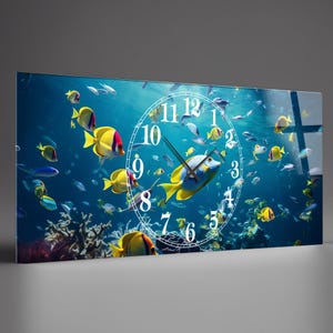 Tempered Glass Abstract Wall Clock, Aquarium themed Tempered Glass Wall Clock, Housewarming Gift,Unique Home Decor extra large clock