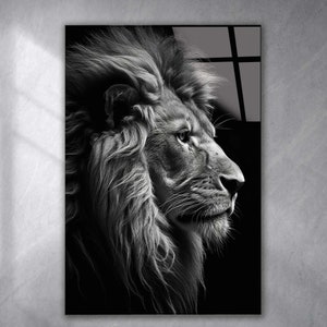 Lion Tempered Glass Wall Art Animals, Black White wall Art, Extra large Wall Art, houeswarming gift, Office gift, Modern Wall hanging