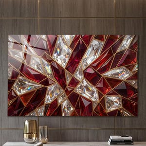 Rubinröd väggkonst, härdat glas med diamanter inspirerade geometriska abstrakta element, stor vinröd guld lyxig vardagsrumsdekor