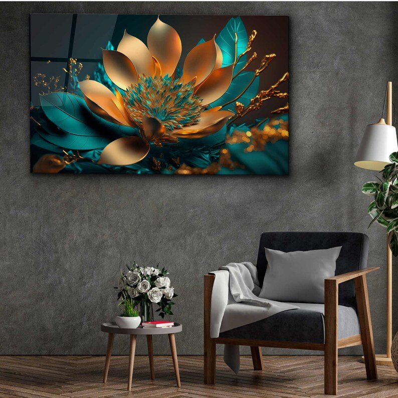 Gold Lotus Flower Tempered Glass Wall Art: Panoramic Floral Decor - Etsy