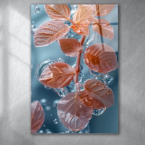 Tempered Glass Wall Art – Autumn Leaves with Water Bubbles, Modern Botanical Glass Panel, Nature-Inspired Home Decor, Elegant Leaf Artwork