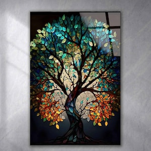 Green Tree Of Life  Tempered Glass Wall Art , Panoramic Wall Art Tempered Glass Backsplash Extra Large Wall Art Wall Art for Mom decor